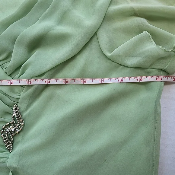 Mint Green 2 Piece Pleated Ruffle Chiffon Jewel Pin Top & Midi Skirt Set - Picture 9 of 16